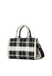 Zwart-witte geruite handtas met franjes. Gemaakt van zachte stof met dubbele handvatten en een afneembare riem. Voorzien van de tekst "Marc Ellis".