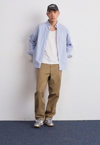 Cămașă tip button-up cu dungi albastre și albe, top alb fără mâneci, pantaloni bej și adidași gri, completată cu o șapcă neagră. Ţinută casual.