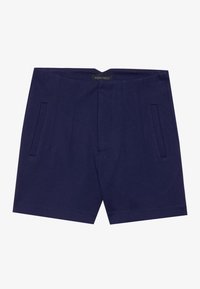 Navy blue shorts with a smooth texture, featuring front pleats and side pockets. Label reads "ANNA FIELD." Simple, straight-cut design.