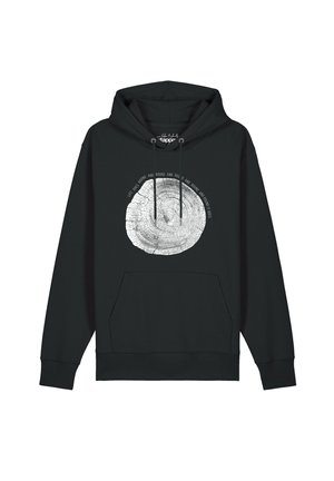Schwarzer Hoodie mit Tasche vorne, Kordelzügen und weißem Baumring-Grafik in der Mitte mit Text darum herum mit dem Schriftzug "Life goes round and round and round."