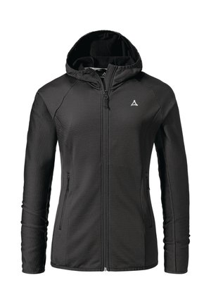 Black zip-up hooded jacket with a textured fabric, featuring side pockets and a small logo on the chest. Ergonomic design with long sleeves.