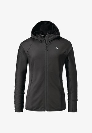 Black zip-up hooded jacket with a textured fabric, featuring side pockets and a small logo on the chest. Ergonomic design with long sleeves.