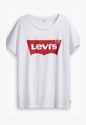 Fehér pamut póló, amelyet egy feltűnő piros Levi’s logó díszít, piros címke formában. Rövid ujjak és kerek nyak, laza szabású.