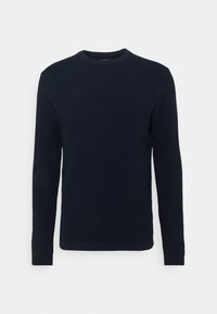 Suéter de manga larga azul marino hecho de tela de punto texturizada, con cuello redondo y puños y dobladillo acanalados. Acabado suave sin logotipos de marca visibles.