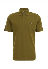 Olivgrön polo-shirt i bomull, med en placket med tre knappar, korta ärmar och en liten svart fågel-logotyp på bröstet.