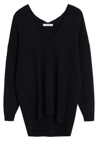 Black oversized V-neck long-sleeve sweater with ribbed cuffs and a longer back hem, made of soft knit fabric.