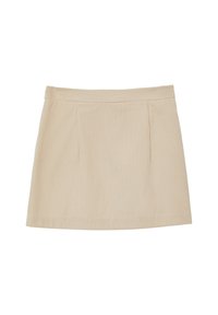Mini-jupe en velours côtelé beige avec des rayures verticales, dotée d'une taille plate et de plis subtils à l'avant. Texture lisse et design décontracté.