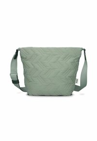 Borsa a spalla trapuntata di colore verde chiaro, con un motivo a zigzag e tracolla regolabile. Realizzata in materiale morbido con una texture liscia.