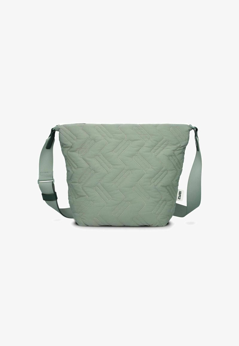 Borsa a spalla trapuntata di colore verde chiaro, con un motivo a zigzag e tracolla regolabile. Realizzata in materiale morbido con una texture liscia.