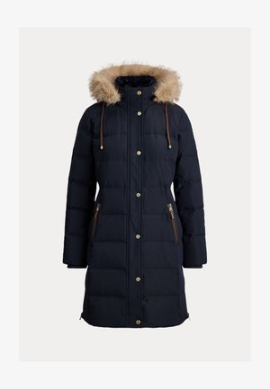 Navy padded parka with faux fur hood, gold hardware, and zippered pockets. Features a button closure and ribbed cuffs for warmth.