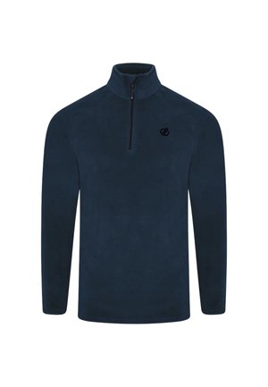 Sudadera de forro polar azul marino con mangas largas, cremallera hasta un cuarto y un pequeño logo negro en el pecho izquierdo.