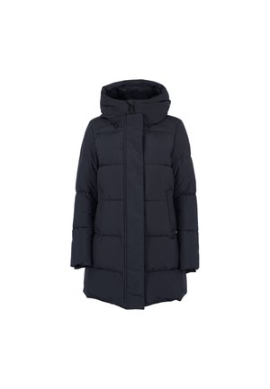Gevoerde donkerblauwe parka met een hoge kraag, ritsluiting en zijzakken. Voorzien van een verstelbare capuchon en een langere, rechte snit.
