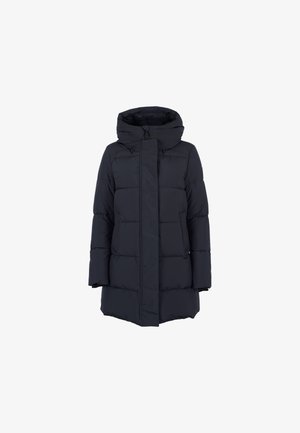 Gevoerde donkerblauwe parka met een hoge kraag, ritsluiting en zijzakken. Voorzien van een verstelbare capuchon en een langere, rechte snit.