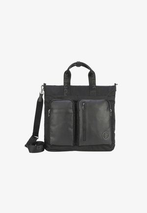 Borsa a tracolla rettangolare nera con due tasche frontali con cerniera, manici superiori con cinturini brandizzati e tracolla regolabile.