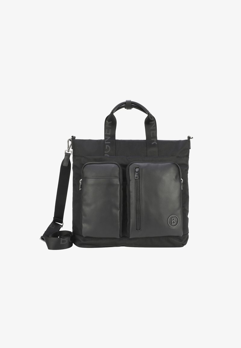 Sac à bandoulière rectangulaire noir avec deux poches zippées à l'avant, poignées supérieures avec lanières de marque et bandoulière réglable.