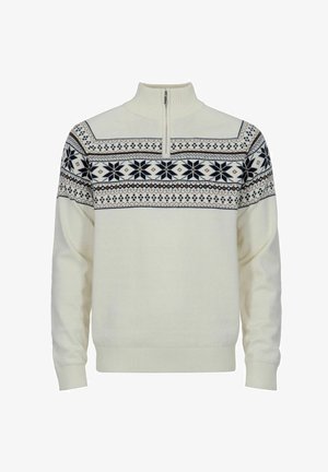 Kremowy sweter z półzamkiem przy kołnierzu, z granatowo-białym geometrycznym wzorem na klatce piersiowej oraz krótkimi ściągaczami.