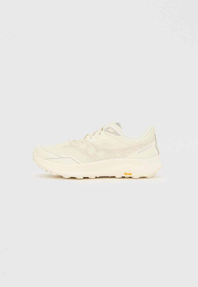 Light beige running shoe featuring a textured upper, reflective accents, and a Vibram sole. Lightweight design with cushioned midsole for comfort.