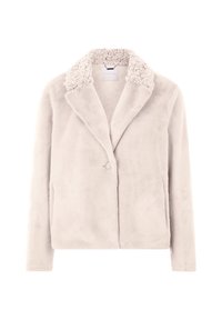 Veste en fausse fourrure beige clair avec un col texturé, fermeture à un bouton, et manches longues, présentée sur un fond blanc.