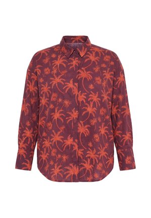 Overhemd met lange mouwen en knopen, voorzien van een puntige kraag en een all-over patroon van oranje palmbomen op een kastanjebruine achtergrond.