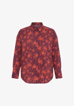 Langärmliges Hemd mit Knopfleiste und spitzem Kragen, das ein durchgehendes Muster aus orangefarbenen Palmen auf einem kastanienbraunen Hintergrund aufweist.