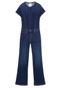 Jeansowy kombinezon w ciemnoniebieskim kolorze z krótkimi rękawami, zapięciem na guziki z przodu, pięcioma kieszeniami i kontrastowymi szwami. Szerokie nogawki oraz wyraźny kształt.