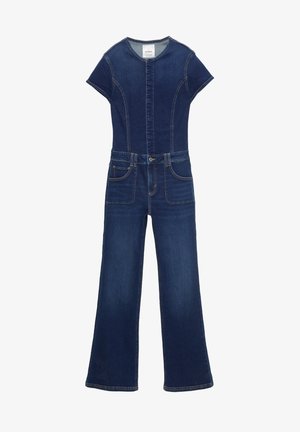 Traper kombinezon tamno plave boje s kratkim rukavima, prednjim zatvaranjem na dugmad, pet džepova i kontrastnim šavovima. Dizajn s širokim nogavicama i strukturiranim oblikom.