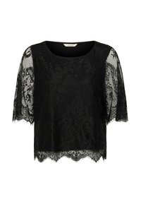 Top nero a maniche corte con sovrapposizione in pizzo e orlo scallop. Caratterizzato da motivi floreali intricati e scollatura rotonda. Morbido al tatto.