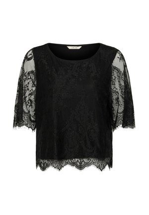 Short-sleeve black top with a lace overlay and scalloped hem. Features intricate floral patterns and a round neckline. Soft texture.