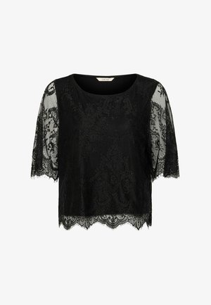 Short-sleeve black top with a lace overlay and scalloped hem. Features intricate floral patterns and a round neckline. Soft texture.