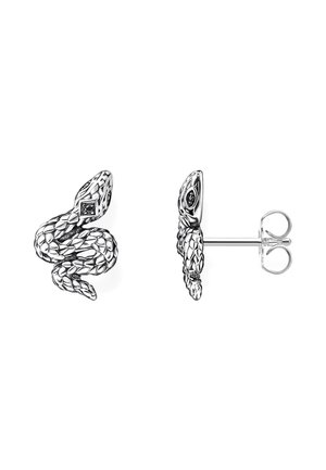Silberohrstecker in Form von gewundenen Schlangen mit detaillierten Schuppenmustern und strukturierten Köpfen, dargestellt von vorne und der Seite.