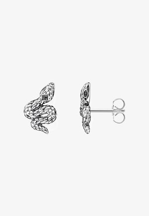 Silberohrstecker in Form von gewundenen Schlangen mit detaillierten Schuppenmustern und strukturierten Köpfen, dargestellt von vorne und der Seite.