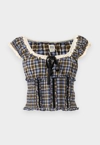 Plavi i smeđi karirani skraćeni top s naboranim rukavima, elastičnim naborima i crnom vrpcom na izrezu. Kremasti detalji na rubovima.