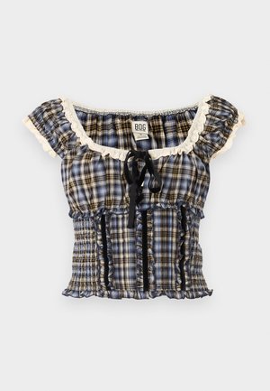 Top cropped de padrão xadrez azul e castanho com mangas franzidas, pregas elásticas e um laço de fita preta no decote. Detalhes em creme nas bordas.