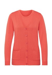 Koraalroze cardigan met een V-hals, zeven roze knopen, geribbelde manchetten en twee voorzakken. Gemaakt van zachte, gestructureerde stof.