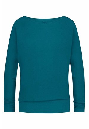Sweatshirt teal à manches longues avec un large col, des poignets côtelés et un ourlet droit. Fabriqué en tissu doux et mélangé avec une texture lisse.