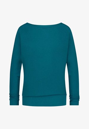 Teal Langarm-Sweatshirt mit weitem Rundhalsausschnitt, gerippten Bündchen und geradem Saum. Hergestellt aus weichem, gemischtem Stoff mit glatter Textur.