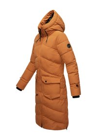 Orange padded coat with a hood, zip closure, and large front pocket. Features adjustable drawstrings and black accent details.