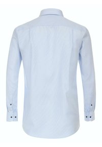Himmelblaues Langarmhemd mit einem karierten Muster, Knopfmanschetten und klassischem Kragen. Glattes Material mit taillierter Passform.