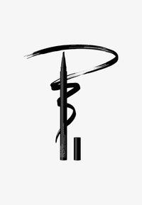Lápiz eyeliner líquido negro con punta fina, que presenta un barril negro y una tapa cilíndrica separada. Trazado negro ilustrado al lado.