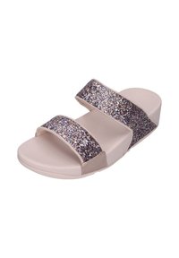 Light pink slide sandal with two wide, shimmery glitter straps. Textured footbed and thick sole for added comfort.