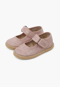 Pink fabric Mary Jane shoes with adjustable strap, woven jute sole, textured finish, and round toe design.