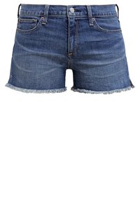 Shorts en jean bleu avec ourlet effiloché, bouton et fermeture éclair devant, et design à cinq poches, présentés sur fond blanc.