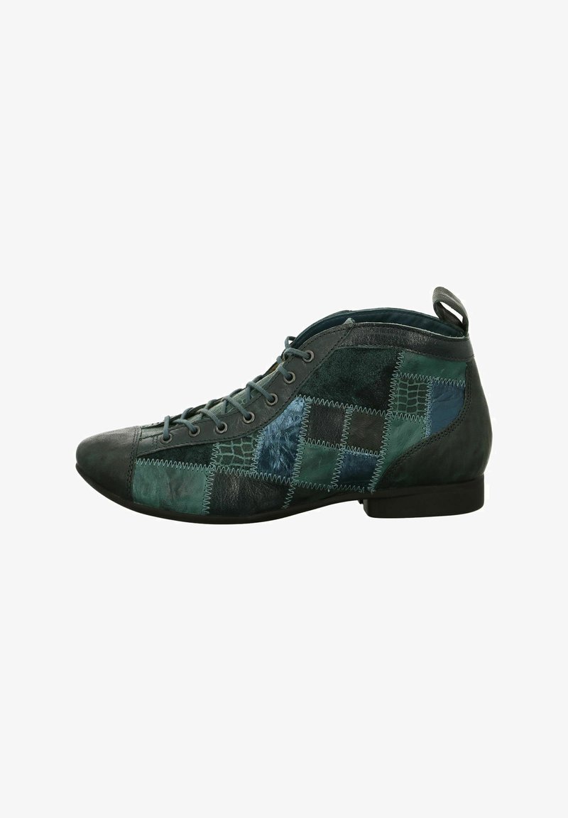 Dark green leather ankle boots with varied texture and pattern detailing, featuring a lace-up front and a low, flat sole.