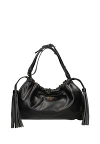 Borsa a mano in pelle nera con un design arricciato, due lunghe nappine e un logo dorato. Presenta una singola tracolla curvata per il trasporto.
