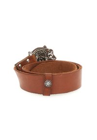 Cintura in pelle marrone caratterizzata da una fascia larga, hardware in tonalità argento e un accento floreale. La texture è liscia con una leggera lucentezza.