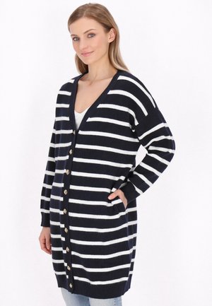 Gestreepte cardigan in donkerblauw en wit, met een V-hals, lange mouwen, knopen aan de voorkant en zakken. Gemaakt van een zachte, gestructureerde stof.