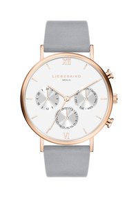 Ronde zilver-witte horloge met een roségouden kast, grijze leren band en drie kleinere wijzerplaten voor dag en datum. Romeinse cijfers op 12 en 6.