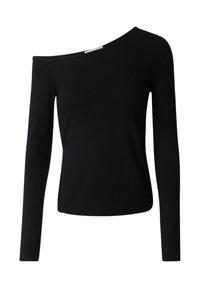 Black, ribbed, long-sleeve top with an asymmetric one-shoulder design. Made of a stretchy fabric with a smooth texture.