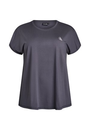 Donkergrijze sport T-shirt met korte mouwen, ronde hals en een klein wit abstract logo op de linkerkant van de borst.