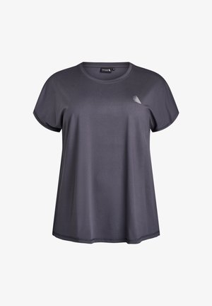 Dunkelgraues kurzärmeliges Sport-T-Shirt mit rundem Ausschnitt und kleinem weißen abstrakten Logo auf der linken Brust.